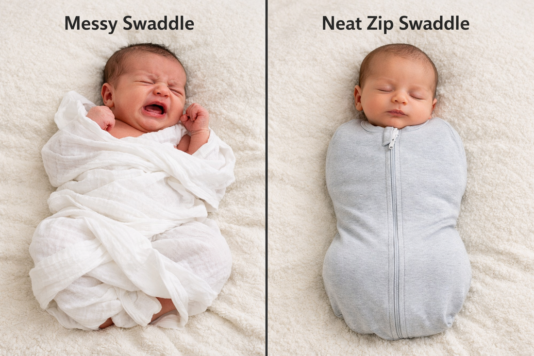 Side-by-side comparison of muslin swaddle (partially undone at night) vs TatoWrap zip swaddle securely closed on Malaysian newborn — showing ease of use difference