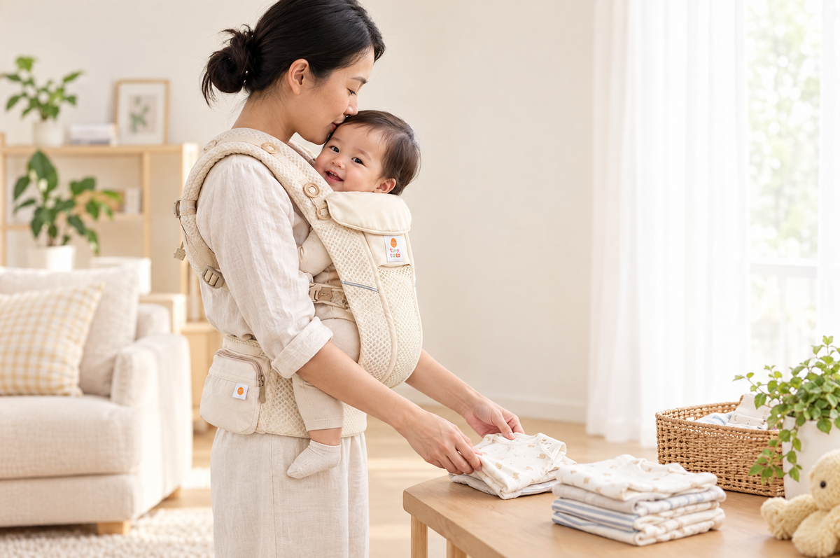 Mum standing tall wearing her baby high and close in a TatoSnug structured carrier with the waistbelt at her natural waist