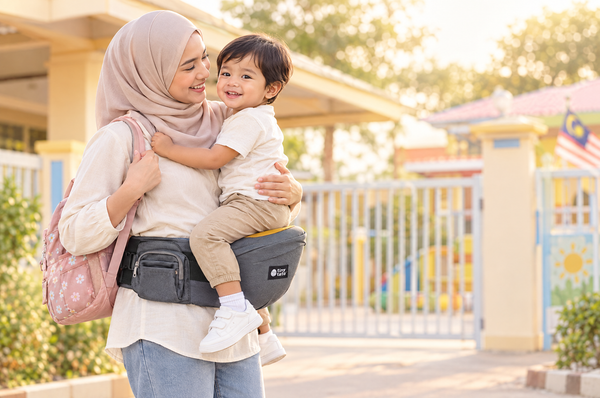 Mum at a kindergarten gate carrying a 2-year-old on a TatoHip hip seat carrier with one arm around the child