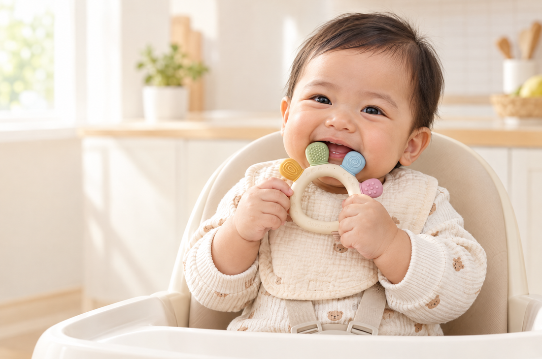 Smiling 6-month-old in a high chair chewing a TatoChew silicone teether
