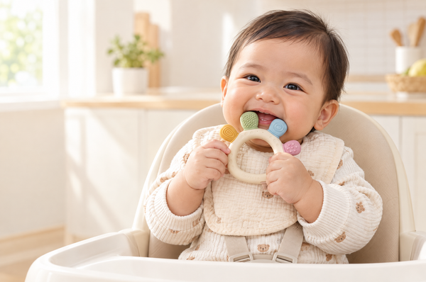 Smiling 6-month-old in a high chair chewing a TatoChew silicone teether