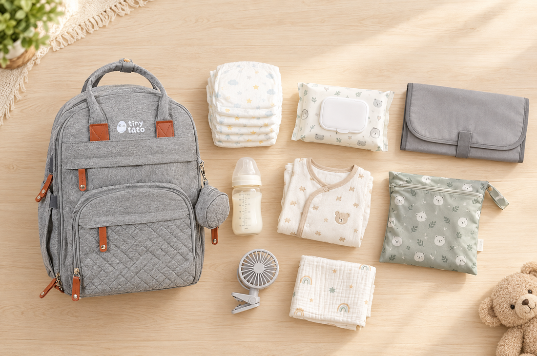 TatoNest diaper backpack with a diaper bag checklist laid out: nappies, wipes, changing mat, bottle, spare outfit, wet bag and fan