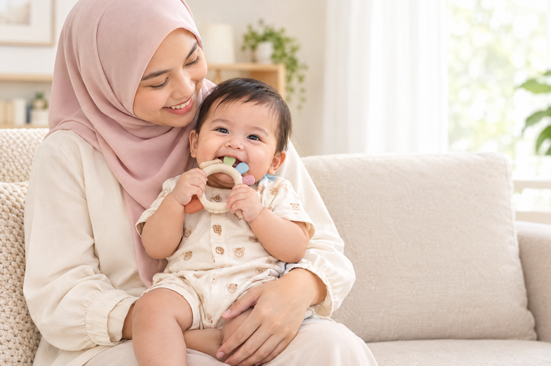 Ibu bertudung dengan bayi di pangkuan yang sedang menggigit teether silikon TatoChew
