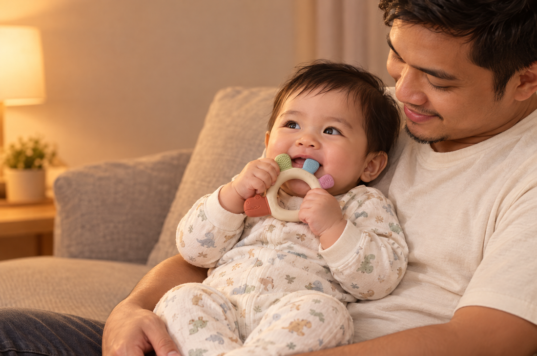 Dad cuddling a teething baby who is chewing a TatoChew silicone teether on the sofa