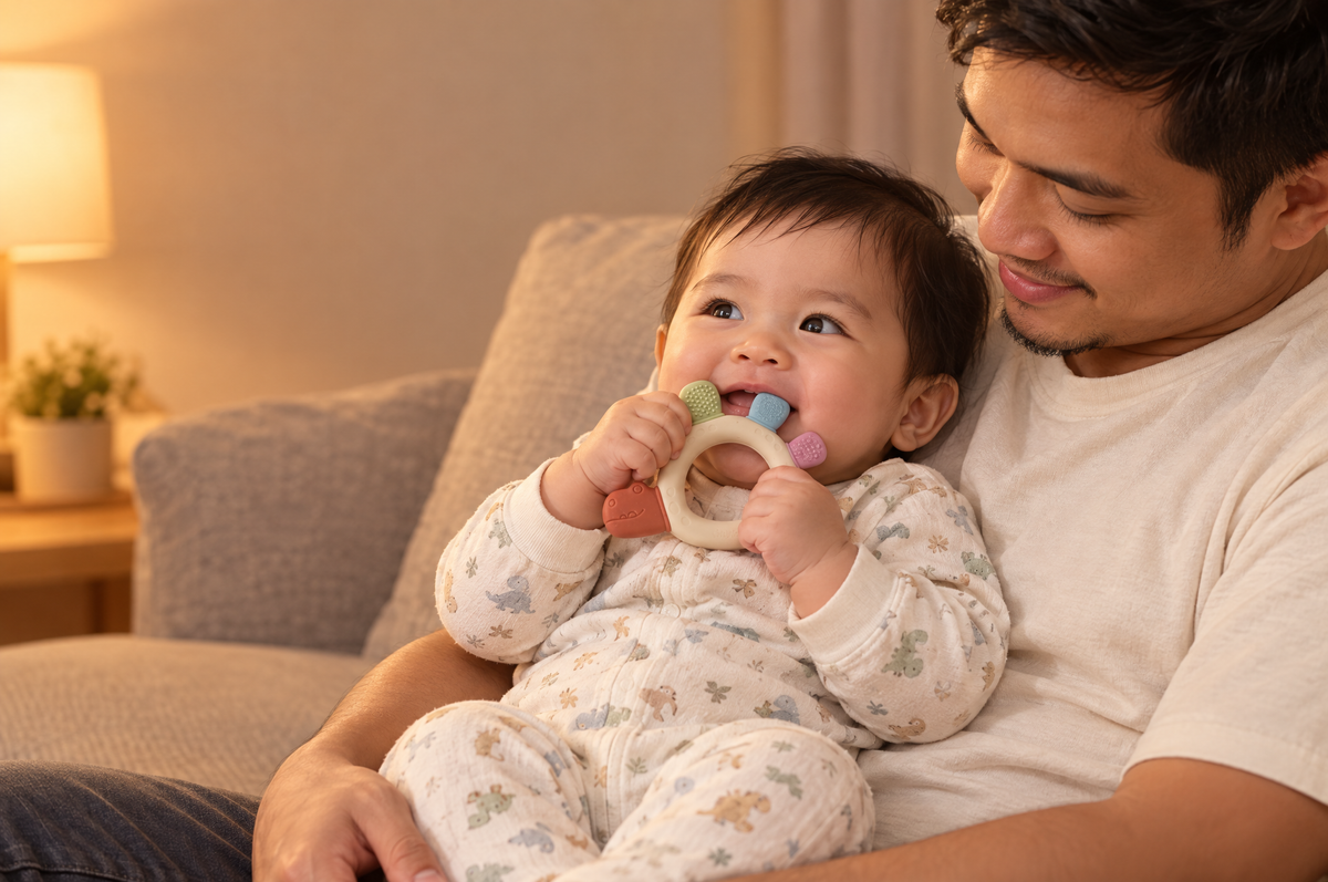 Dad cuddling a teething baby who is chewing a TatoChew silicone teether on the sofa