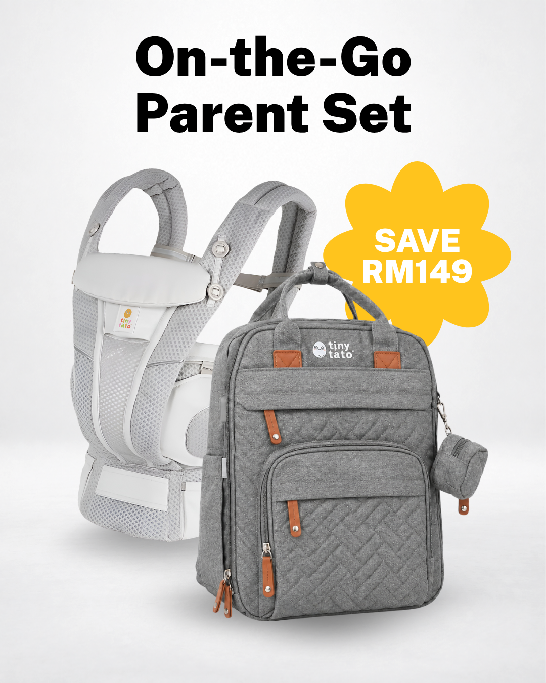On-the-Go Parent Set: grey TatoSnug carrier and grey TatoNest diaper backpack