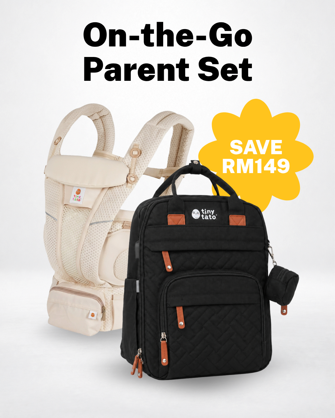 On-the-Go Parent Set: beige TatoSnug carrier and black TatoNest diaper backpack