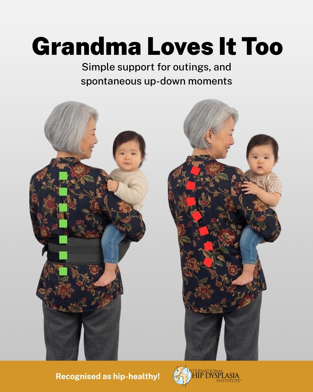Grandmother carrying a baby on the TatoHip hip seat carrier