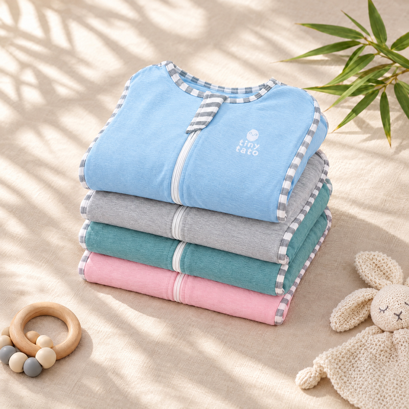 Folded bamboo-blend swaddles in Baby Sky, Cloud Grey, Ocean Mist and Baby Blush