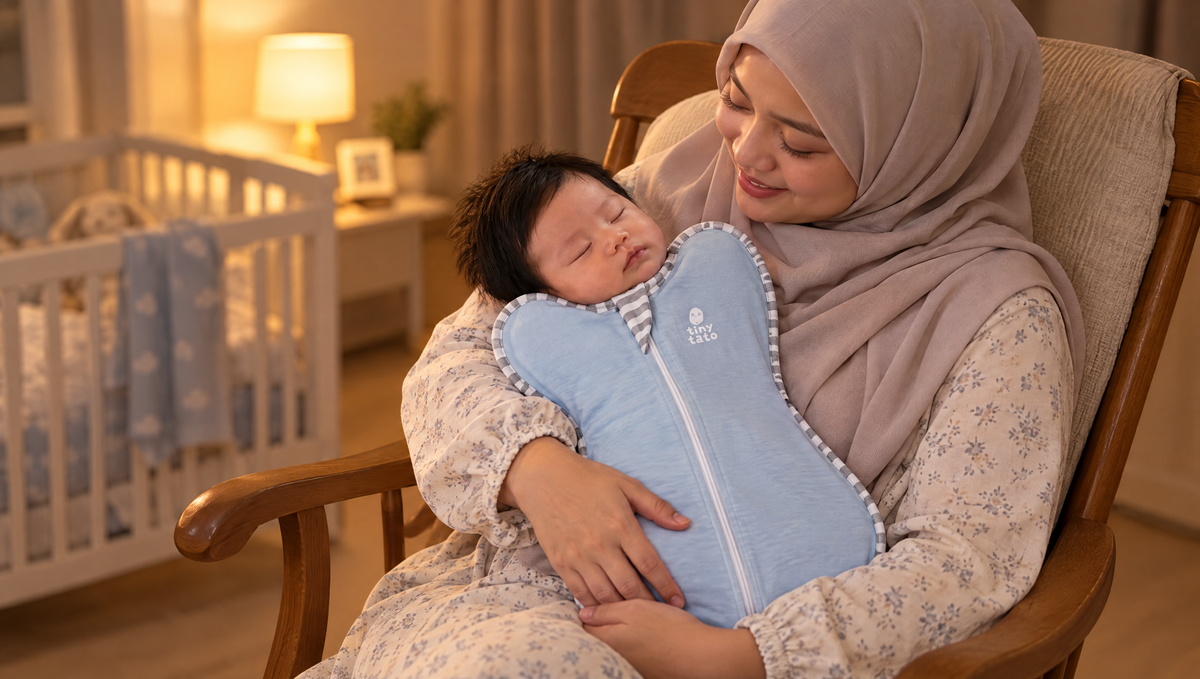 Malay mum in a rocking chair holding her sleeping baby in a Baby Sky TatoWrap zip swaddle