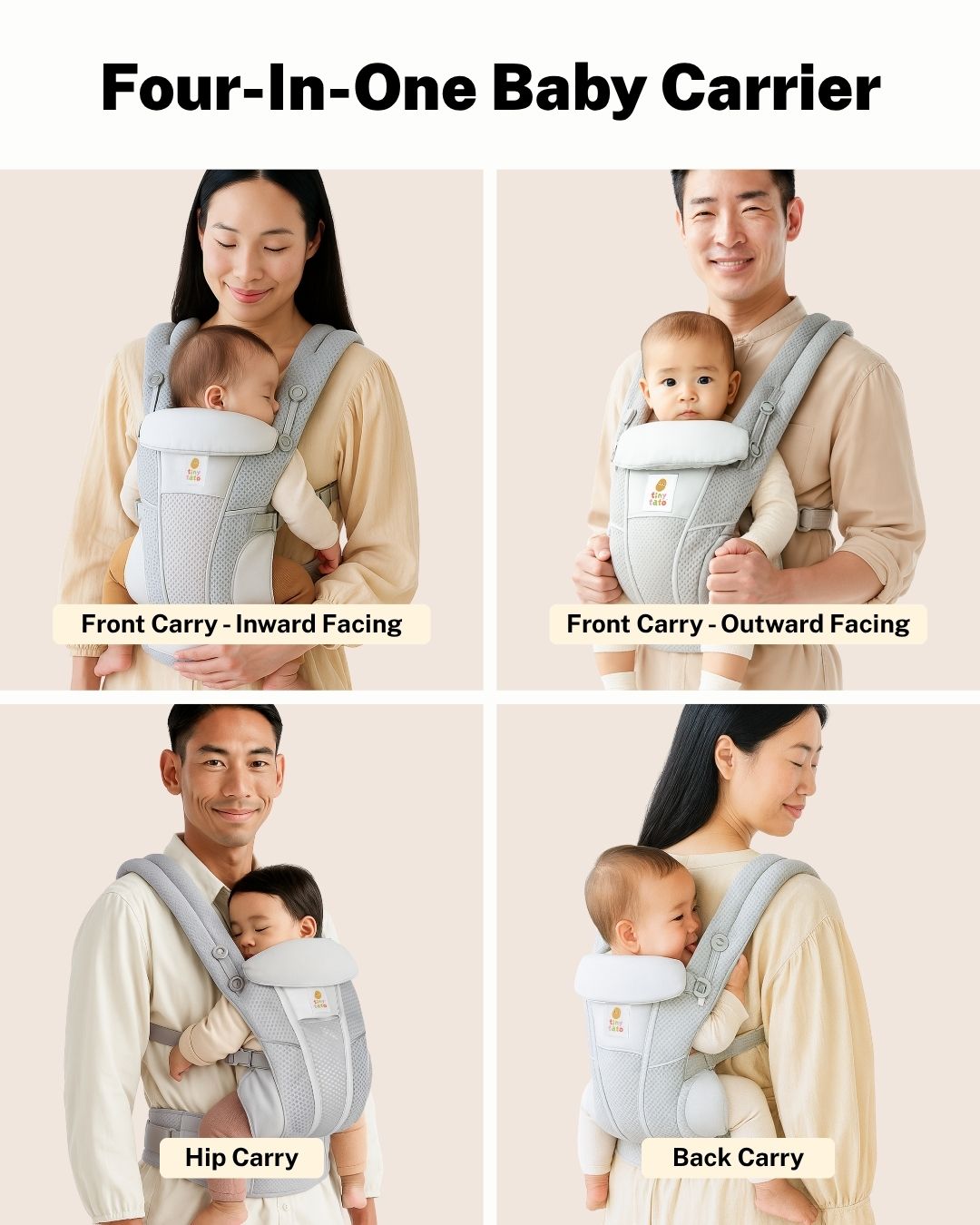 Four ways to carry with TatoSnug: front inward, front outward, hip carry and back carry